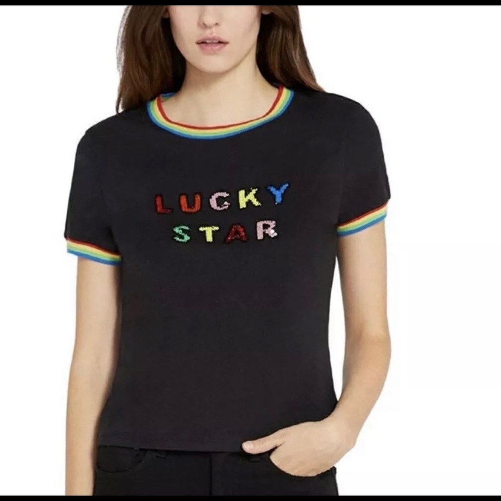 Alice + Olivia Rainbow Sequined LUCKY STAR T-Shirt - XS - NWT - Black/Multi